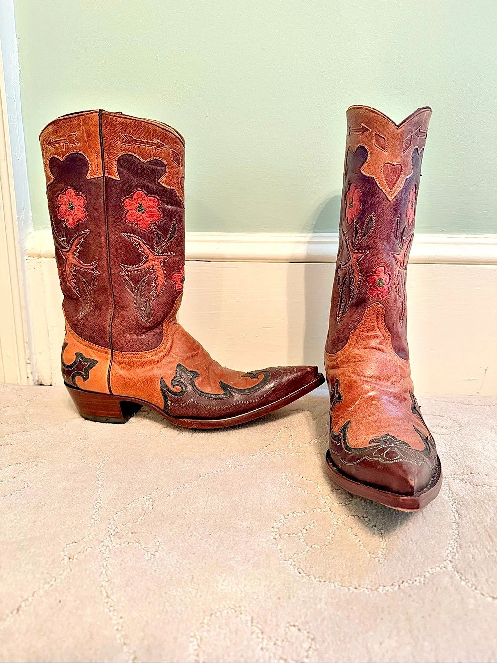 Old Gringo Floral Heart Leather Western Cowboy Boots Brown Size 10